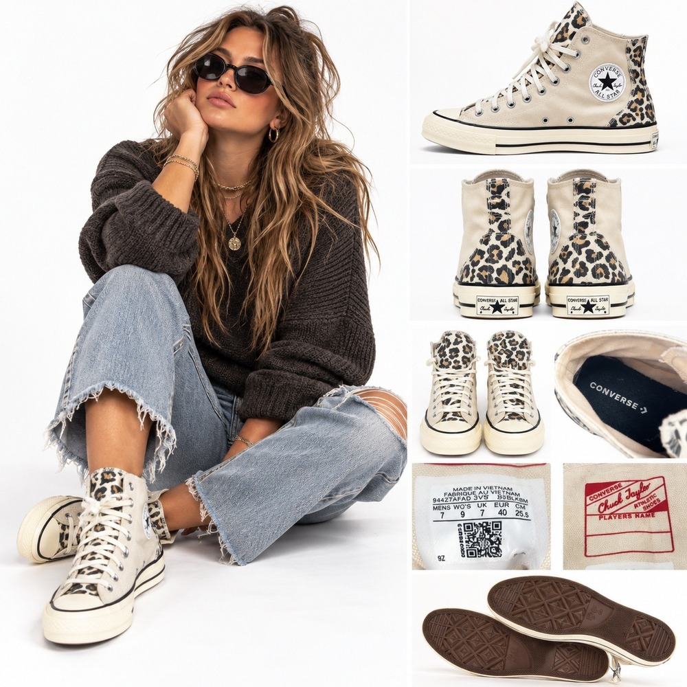 Converse Chuck 70 High Top Leopard Cheetah Sneakers Cream Skater Grunge Womens 9